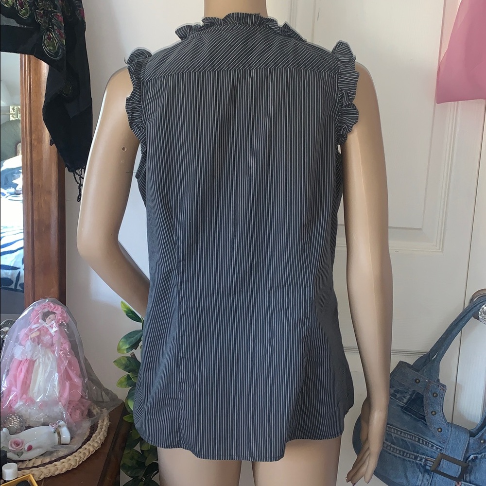 Y2K Denver Hayes grey black pinstripe sleeveless ruffle shirt top M - Picture 5 of 10